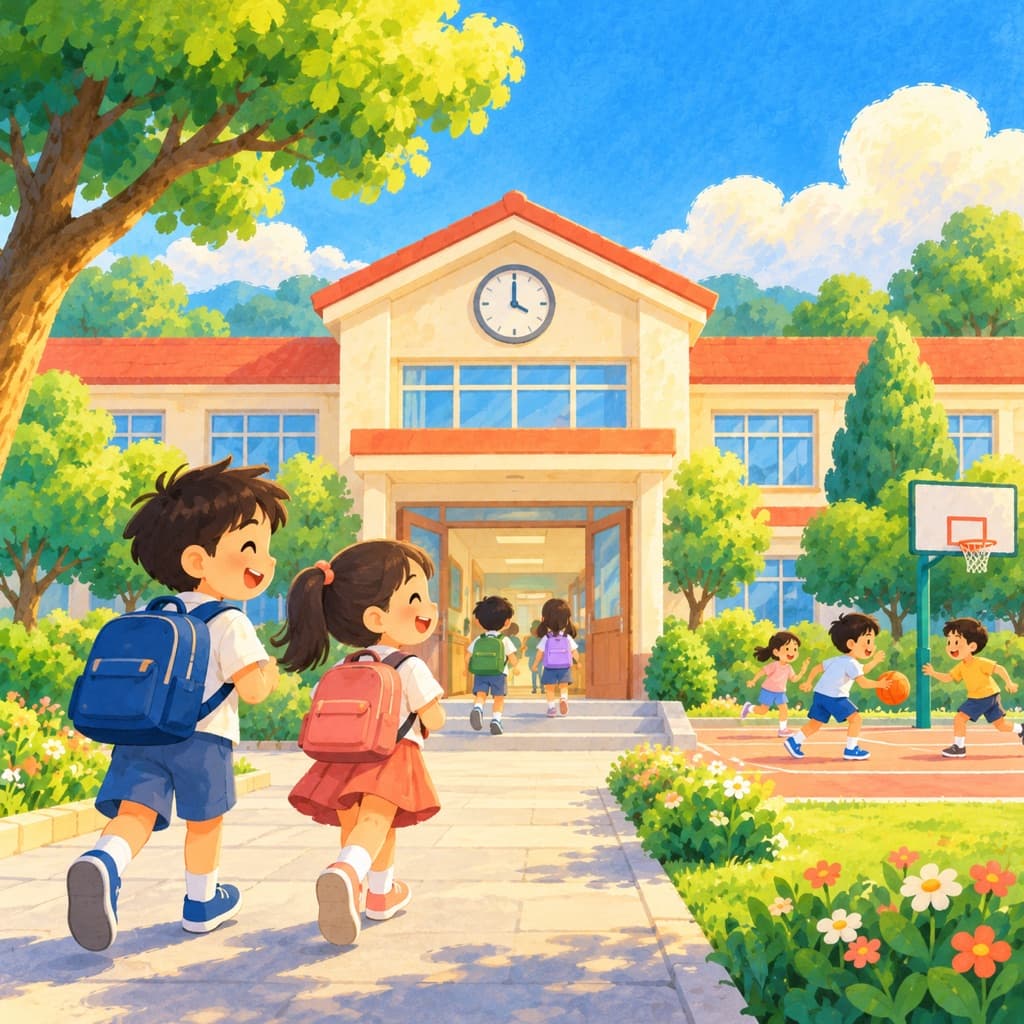 孩子在学校学习的卡通场景